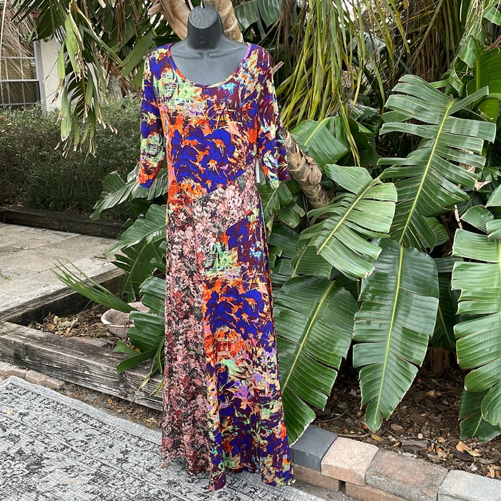 Soft surroundings, dark floral, patchwork knit dress